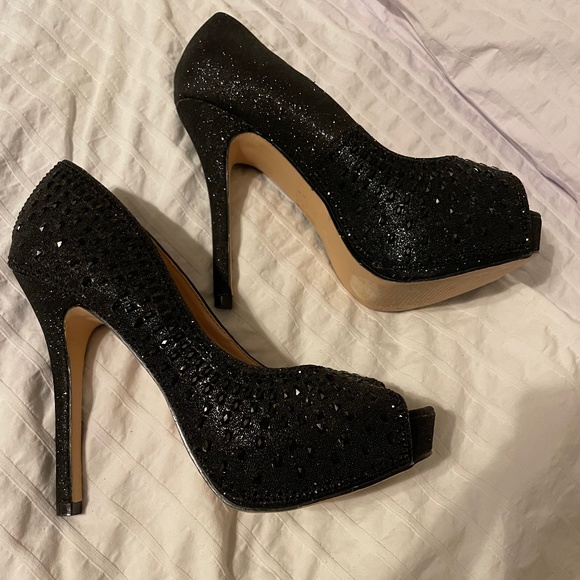 Cathy Jean Black Glitter Platform Heels Women’s 7.5 - Picture 1 of 7